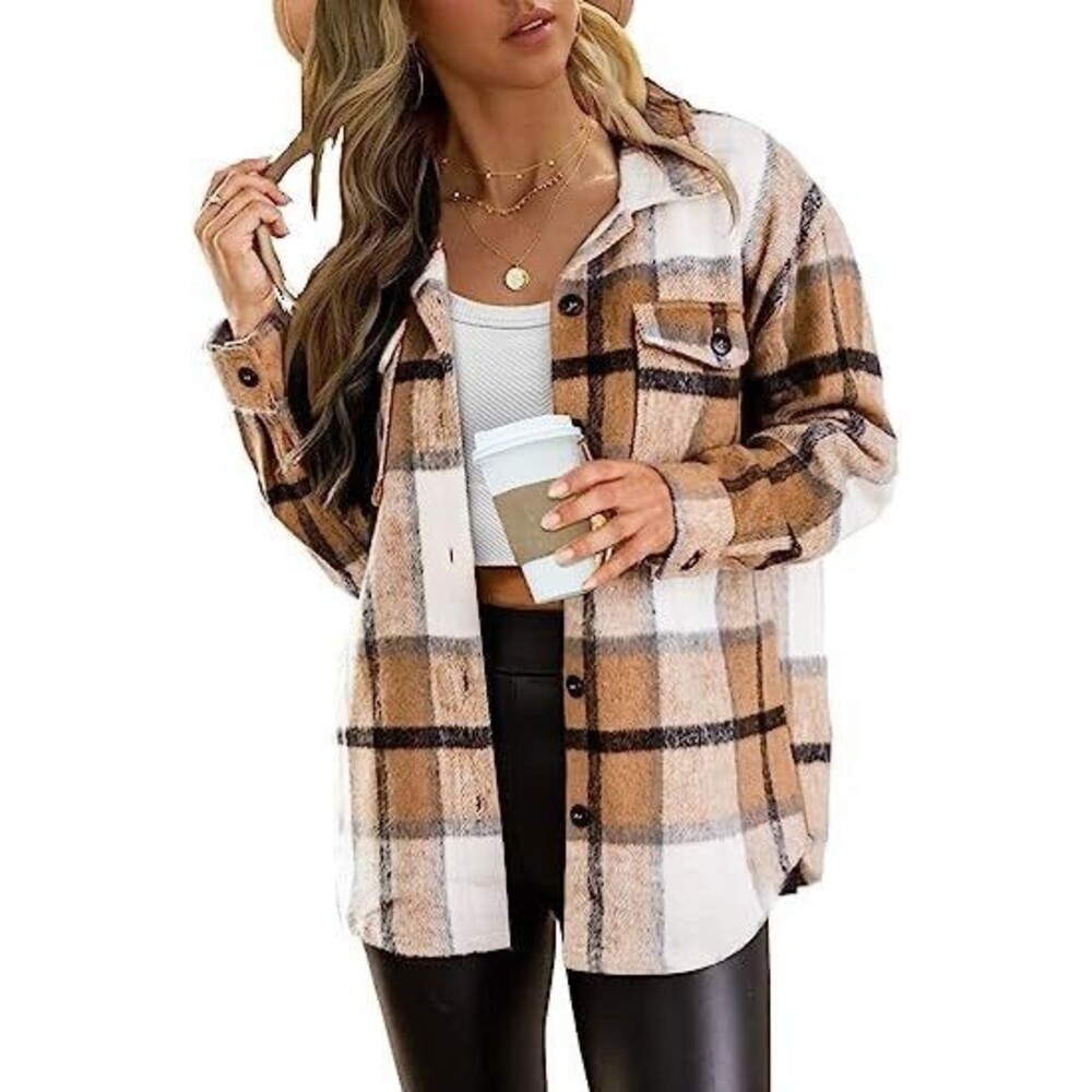 Women Plaid Shacket Flannel Long Sleeve Button Down Jacket Casual Shirts Loose